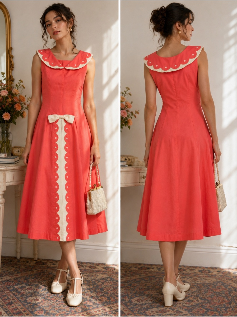 Vintage 60s Vicky Vaughn Coral Scallop Collar A-Line Midi Dress